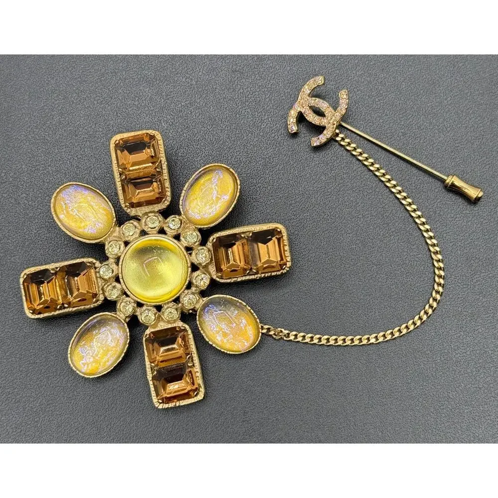 Chanel 2002 Gold, Yellow & Bronze Gripoix CC Brooch/Pin